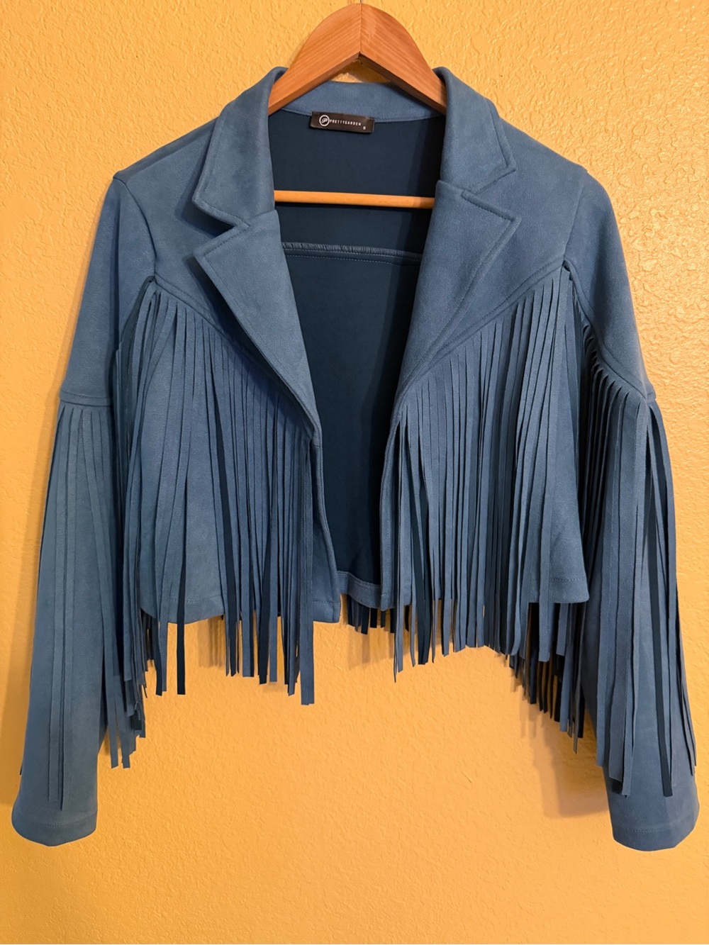 Fringed Suede-Style Cropped Jacket in Dusty Blue - Women